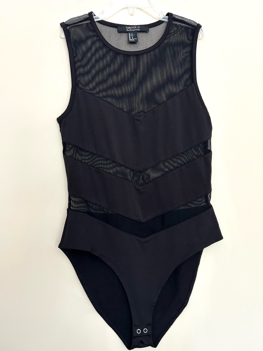 Forever 21 Women’s Black Mesh Chevron-Panel Bodysuit